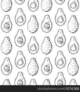 Seamless pattern with avocado sketch in row on white background. Engraving illustration with hatching. Healthy keto diet. Vector texture for wallpapers, fabrics, backgrounds and your design.. Seamless pattern with avocado sketch in row on white background. Engraving illustration with hatching. Healthy keto diet. Vector texture