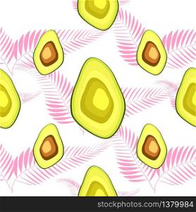 Seamless pattern with avocado slices and leaves of monstera on light background. Seamless exotic pattern with avocado slices and leaves of monstera on light background.