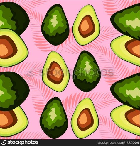 Seamless pattern with avocado slices and leaves of monstera on light background. Seamless exotic pattern with avocado slices and leaves of monstera on light background.
