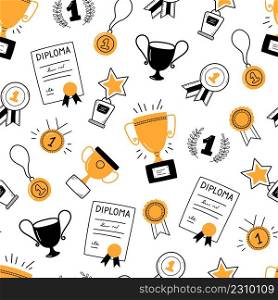 Seamless pattern with awards, trophy cups and first place medals. Winner concept. Doodle gold medal and ch&ion trophy cup. Hand drawn award icons. Vector illustration on white background.. Seamless pattern with awards, trophy cups and first place medals. Winner concept. Doodle gold medal and ch&ion trophy cup. Hand drawn award icons. Vector illustration on white background