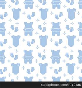 Seamless pattern with baby clothes. Vector illustration with slip, socks, bodysuit. Newborn baby background.