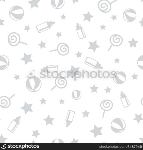 Seamless Pattern with Baby Elements. Vector illustration. Seamless pattern with baby elements. Lollipop star ball toddler bottle. Realistic elements isolated on white background. For wallpapers banners printed covers wrapping paper. Vector illustration