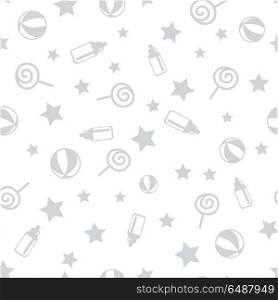 Seamless Pattern with Baby Elements. Vector illustration. Seamless pattern with baby elements. Lollipop star ball toddler bottle. Realistic elements isolated on white background. For wallpapers banners printed covers wrapping paper. Vector illustration