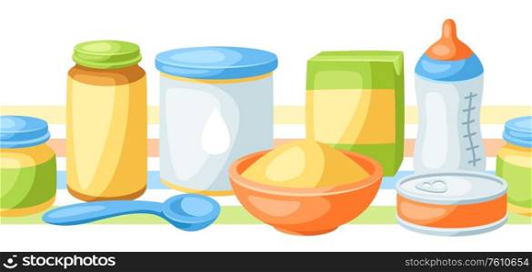 Seamless pattern with baby food items. Healthy child feeding.. Seamless pattern with baby food items.