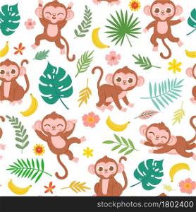 Seamless pattern with baby monkey, banana and tropical leaves. Cartoon childish jungle animal print for fabric. Cute monkeys vector texture. Illustration of seamless pattern jungle with monkeys. Seamless pattern with baby monkey, banana and tropical leaves. Cartoon childish jungle animal print for fabric. Cute monkeys vector texture