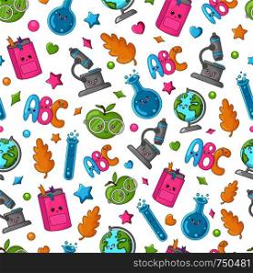 Seamless pattern with back to school concept, kawaii cute cartoon characters - textbook, alphabet, flask, globe. Childrens vector flat background of education.. Back to School Kawaii