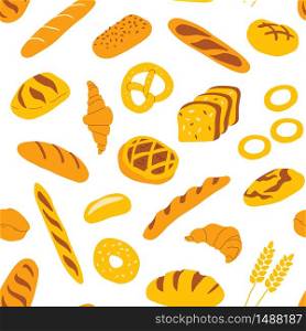 Seamless pattern with bakery and confectionery food. Funny doodle hand drawn texture for fabric, wrapping, textile. Vector flat illustration. Isolated on white.