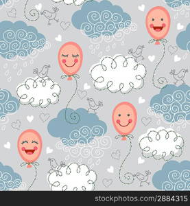 Seamless pattern with balloons and clouds