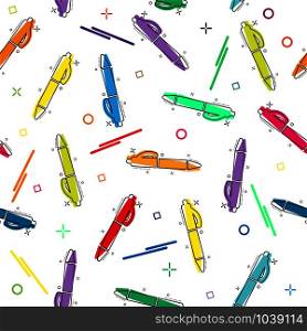 Seamless pattern with ballpoint pens or felt-tip pens. Modern random colors. Ideal for textiles, packaging, paper printing, simple backgrounds and textures.
