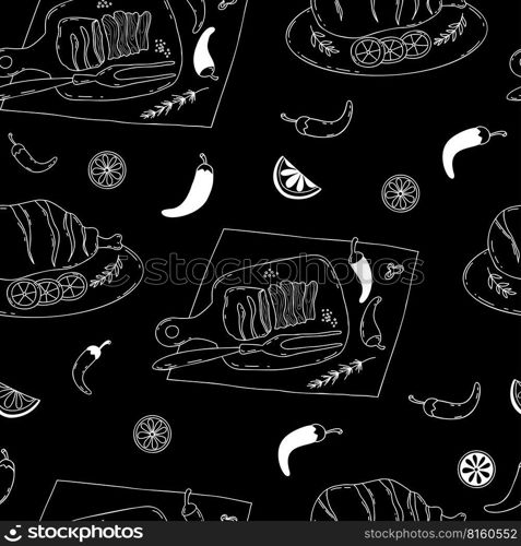 Seamless pattern with barbecue meat. Grilled beef and fried pork leg with chili and lime slices chalk line on black background. Vector illustration linear hand drawing in doodle style