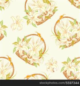 Seamless pattern with basket of blooming lilies. Vector illustration.