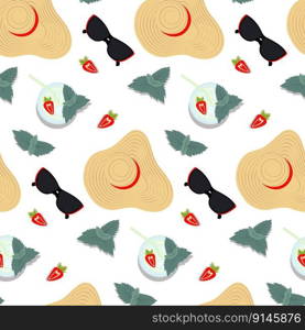 Seamless pattern with beach wide brimmed straw hat, sunglasses, half a strawberry and mint leaves. Flat lay. Isolate. Hello summer. Design for wrapping, poster, card or greeting, price or label. EPS