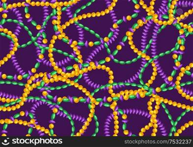 Seamless pattern with beads in Mardi Gras colors. Carnival background for traditional holiday or festival.. Seamless pattern with beads in Mardi Gras colors.