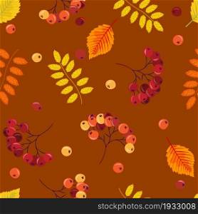 Seamless pattern with beautiful autumn leaves and rowan berries on a bright background, vector