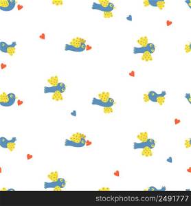 Seamless pattern with beautiful decorative flying birds on white background with heart. Vector illustration for decor, design, decoration, printing, textile and packaging, wallpaper