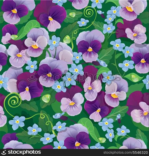 Seamless pattern with beautiful flowers - pansy and forget me not - floral background.