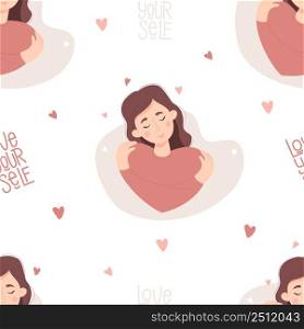 Seamless pattern with beautiful girl in love with long hair hugging herself on white background with hearts. Vector illustration. Love yourself and find time for yourself and care for decor, wallpaper