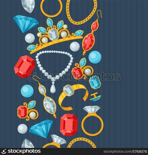 Seamless pattern with beautiful jewelry and precious stones.