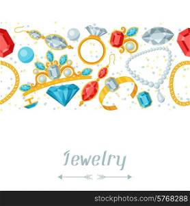 Seamless pattern with beautiful jewelry and precious stones.