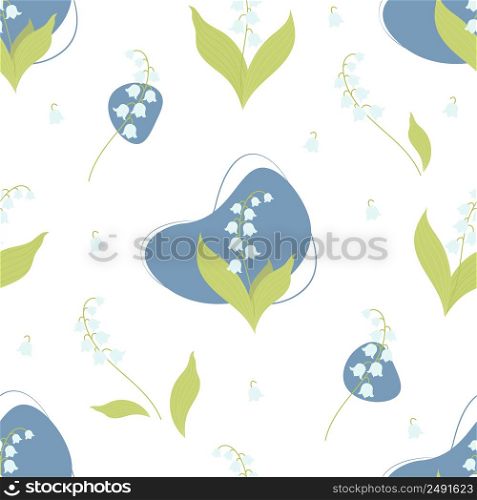 Seamless pattern with beautiful lilies of the valley and leaves on white background. Vector illustration. Spring pattern with forest may flower for design, packaging, decor and decoration, print