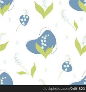 Seamless pattern with beautiful lilies of the valley and leaves on white background. Vector illustration. Spring pattern with forest may flower for design, packaging, decor and decoration, print
