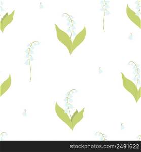 Seamless pattern with Beautiful May lilies of the valley on a white background. Vector illustration. Spring pattern with forest flower for design, packaging, decor and decoration, print