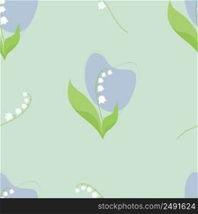 Seamless pattern with beautiful May lily of the valley on light blue background. Vector illustration. Spring pattern with forest flower for design, packaging, decor and decoration, print