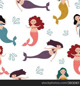 Seamless pattern with beautiful mermaid girl on white background. Girly vector illustration. seamless beautiful mermaid girl pattern vector illustration