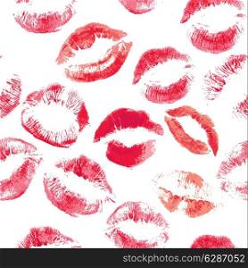 Seamless pattern with beautiful red colors lips prints on white background.