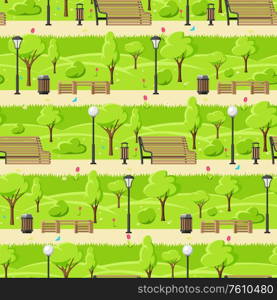 Seamless pattern with beautiful summer or spring city park. Urban public space with lawn and trees for walking and relaxing.. Seamless pattern with beautiful summer or spring city park.