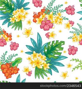 Seamless pattern with beautiful tropical exotic flowers and plants isolated on white background. Vector illustration. For print, linen, design, wallpaper, decor, textile, packaging, kids apparel. Seamless pattern with tropical exotic flowers and plants vector