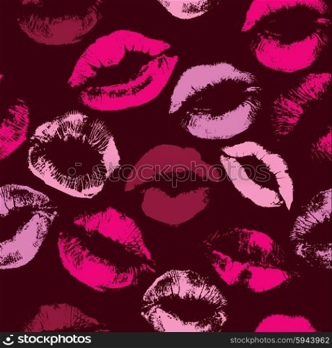 Seamless pattern with beautiful violet and pink colors lips prints on dark background.