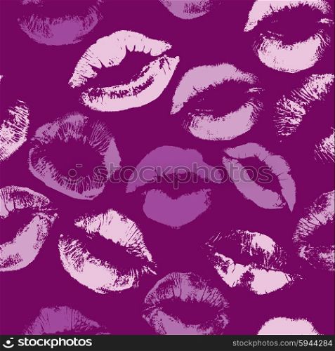 Seamless pattern with beautiful violet colors lips prints on lilac background.