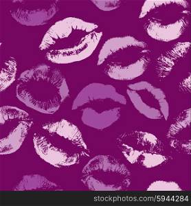 Seamless pattern with beautiful violet colors lips prints on lilac background.
