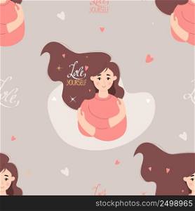 Seamless pattern with Beautiful woman with long hair hugging herself on light gray background with hearts.Concept Love yourself and find time for yourself. Vector illustration