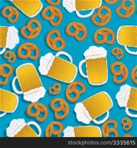 Seamless pattern with beer mugs and bavarian pretzels