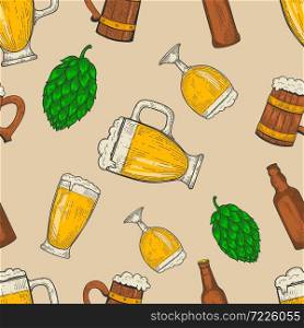 Seamless pattern with beer mugs and hop. Vintage design for poster, package, card, banner, flyer. Vector illustration