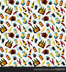 Seamless pattern with beer symbols on white background. Vector illustration. Flat design.. Seamless pattern with beer symbols on white background.