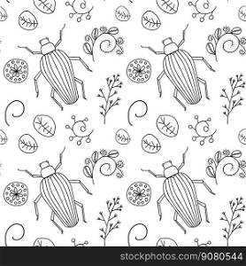 Seamless pattern with beetle and hand drawn plants. Design for fabric, textile, wallpaper, packaging.. Seamless pattern with beetle and hand drawn plants.