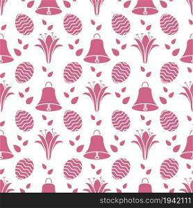 Seamless pattern with bells, lilies, decorated eggs. Happy Easter. Festive background. Design for banner, poster or print.