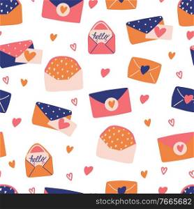Seamless pattern with big collection of love letters and symbols for Happy Valentine’s day. Colorful flat illustration.