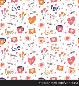 Seamless pattern with big collection of love objects and symbols for Happy Valentine’s day. Colorful flat illustration.