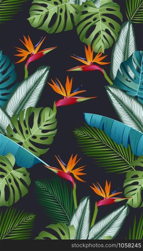 Seamless pattern with bird of paradise: tropical leaves, palms, monstera, calathea, jungle leaf seamless vector pattern. Swimwear botanical design. Vector.