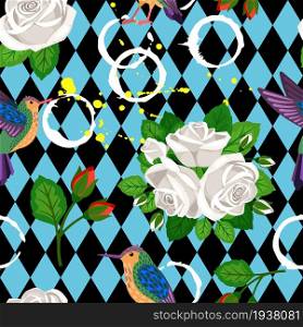 Seamless pattern with birds and roses on geometric background