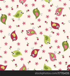 seamless pattern with birds in cartoon style, cute background, wallpaper with funny birds