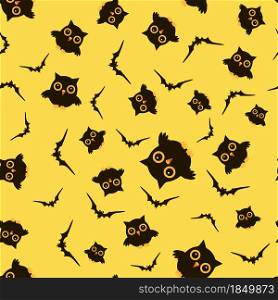 Seamless pattern with birds. Owls on the branches and bats. Halloween theme.