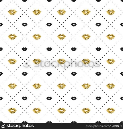 Seamless pattern with black and gold lips kiss shapes. Valentines day. Lipstick kiss. Vector illustration. Background. Seamless pattern with black and gold lips kiss shapes. Valentines day. Lipstick kiss. Vector illustration. Background.