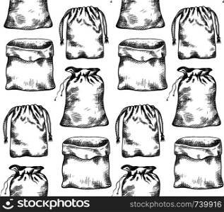 Seamless pattern with black and white illustrations of hand drawn canvas bags in row. Vector texture for menus, fabrics, backgrounds and your creativity.. Seamless pattern with black and white illustrations of hand drawn canvas bags in row. Vector texture