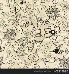 Seamless pattern with black-and-white leaves and insects