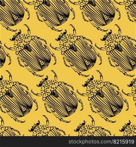 Seamless pattern with black beetles on a yellow background. Vector illustration . beetles seamless pattern. Bohemian pattern with bugs